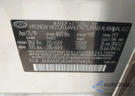 2019 Hyundai Santa Fe Se из США, поврежденный, VIN 5NMS2CAD4KH116858